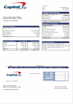 USA Capital One bank mortgage statement in Word and PDF formats