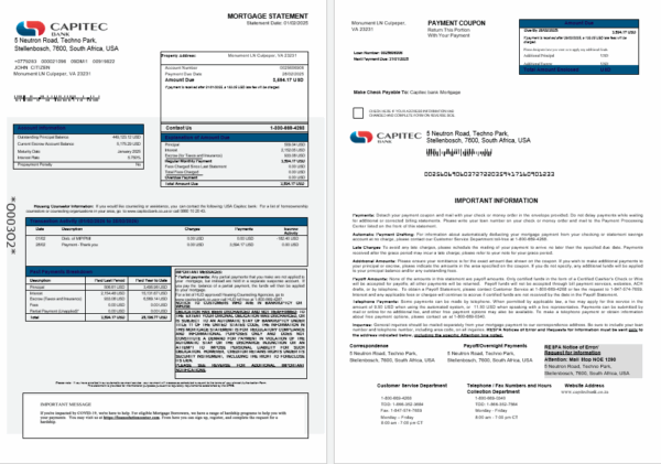 USA Capitec bank mortgage statement in Word and PDF formats