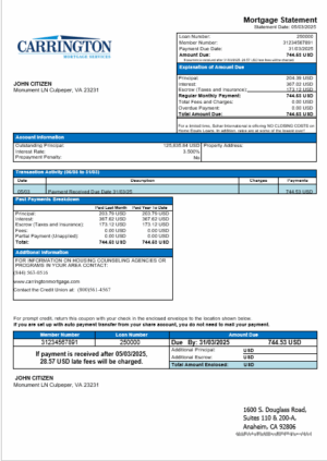 USA Carrington Mortgage Services bank mortgage statement in Word and PDF formats