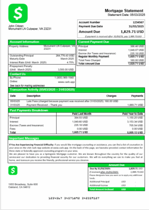 USA Cash App mortgage statement in Word and PDF formats