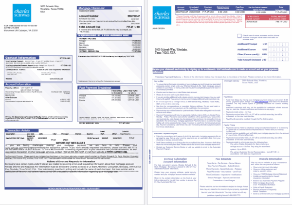 USA Charles Schwab & Co bank mortgage statement in Word and PDF formats, 3 pages