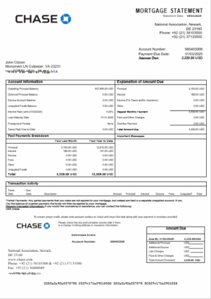 USA Chase mortgage statement in Word and PDF formats