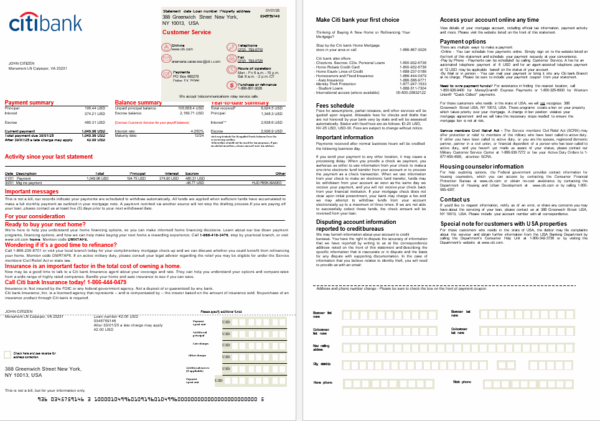 USA Citi bank mortgage statement in Word and PDF formats, 2 pages