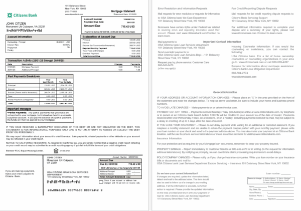 USA Citizens bank mortgage statement in Word and PDF formats