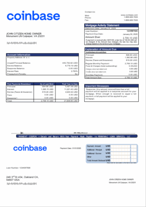 USA Coinbase mortgage statement in Word and PDF formats