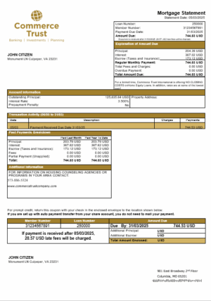 USA Commerce Trust Bank mortgage statement in Word and PDF formats