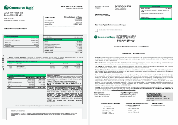 USA Commerce bank mortgage statement in Word and PDF formats