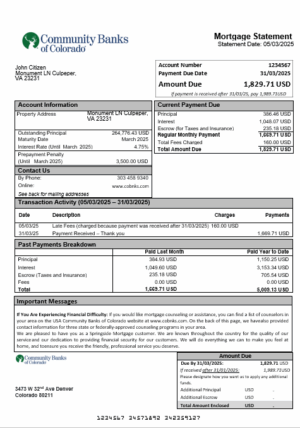 USA Community Banks of Colorado bank mortgage statement in Word and PDF formats