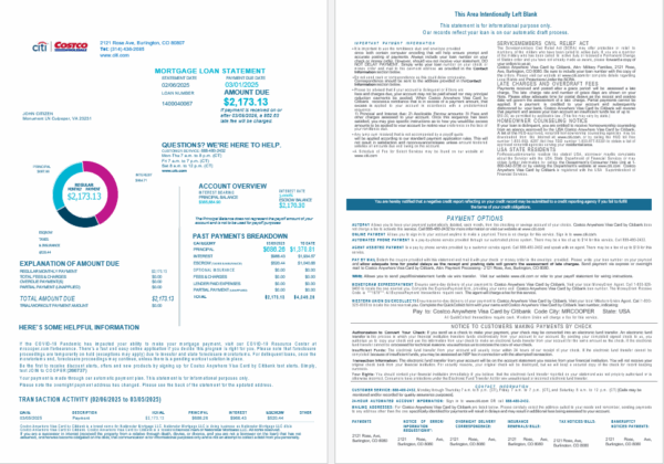 USA Costco Anywhere Visa Card by Citi bank mortgage loan statement in Word and PDF formats, 4 pages