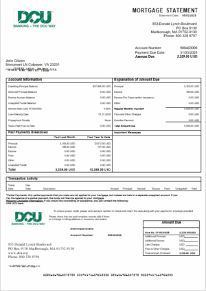 USA DCU bank mortgage statement in Word and PDF formats