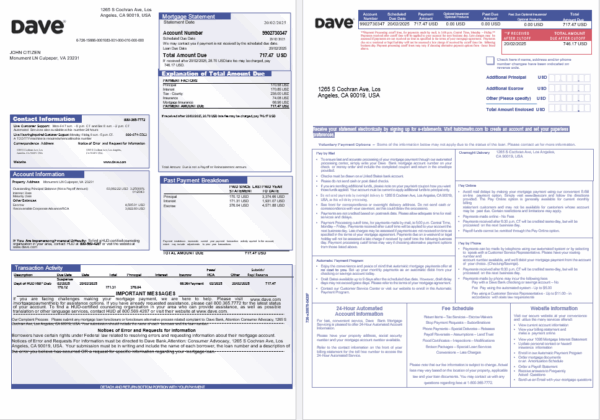 USA Dave bank mortgage statement in Word and PDF formats, 3 pages