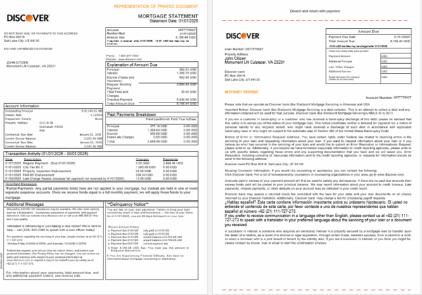 USA Discover bank mortgage statement in Word and PDF formats, 3 pages