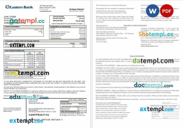 USA Eastern Bank mortgage statement in Word and PDF formats