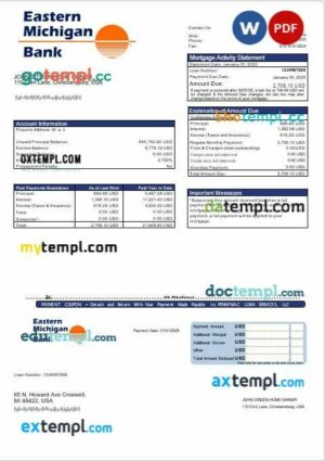 USA Eastern Michigan bank mortgage statement in Word and PDF formats