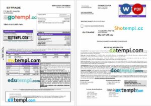 USA Etrade bank mortgage statement in Word and PDF formats