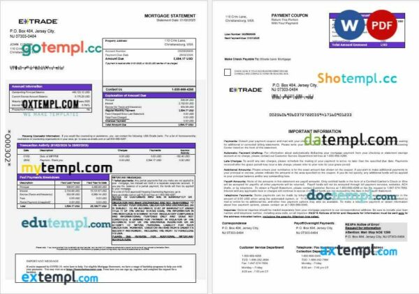 USA Etrade bank mortgage statement in Word and PDF formats