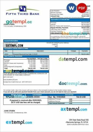 USA Fifth Third Bank mortgage statement in Word and PDF formats