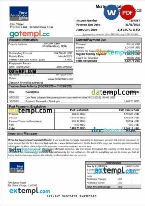 USA First America Bank mortgage statement in Word and PDF formats