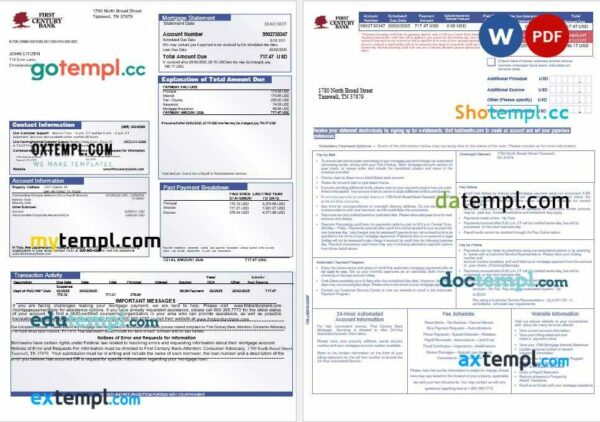 USA First Century Bank mortgage statement in Word and PDF formats, 3 pages