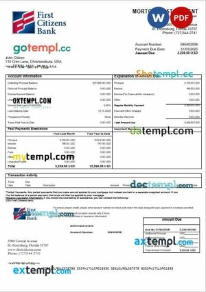USA First Citizens bank mortgage statement in Word and PDF formats