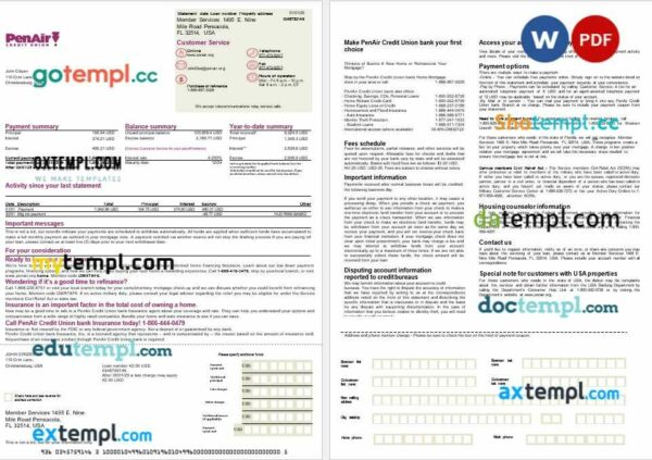 USA Florida PenAir Credit Union bank mortgage statement in Word and PDF formats, 2 pages