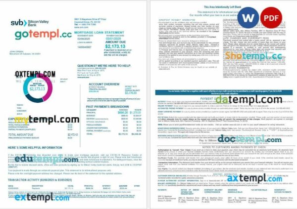 USA Florida Silicon Valley bank mortgage loan statement in Word and PDF formats, 4 pages