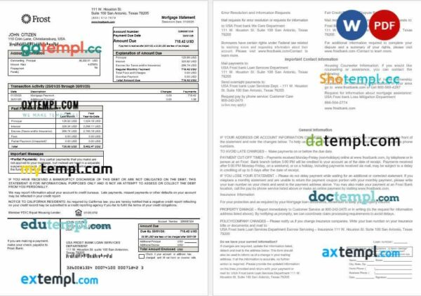 USA Frost bank mortgage statement in Word and PDF formats