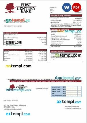 USA Georgian Gainesville First Century bank mortgage statement in Word and PDF formats