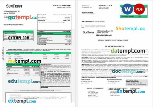 USA Georgian SunTrust bank mortgage statement in Word and PDF formats
