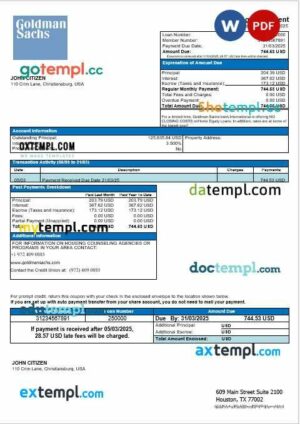 USA Goldman Sachs bank mortgage statement in Word and PDF formats
