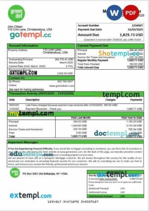 USA Green Dot mortgage statement in Word and PDF formats