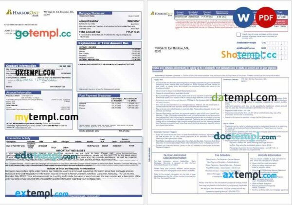 USA HarborOne Bank mortgage statement in Word and PDF formats, 3 pages