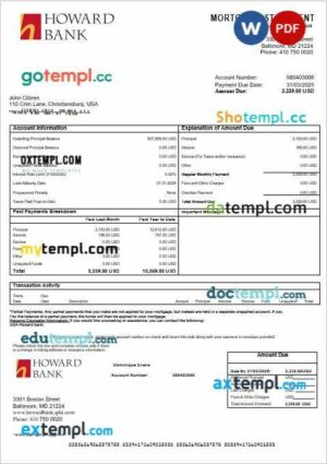 USA Howard bank mortgage statement in Word and PDF formats