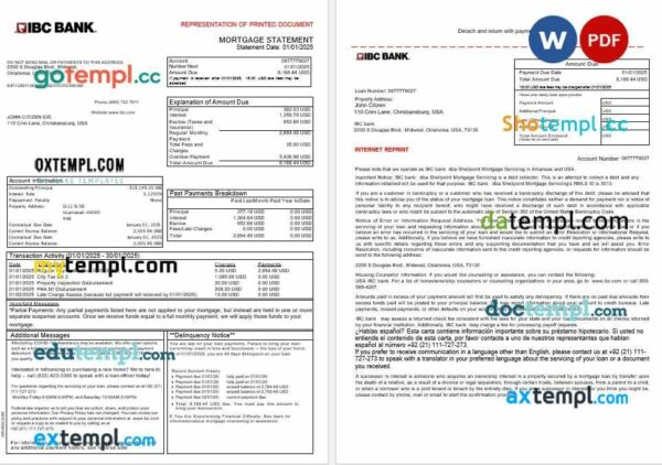 USA IBC bank mortgage statement in Word and PDF formats, 3 pages