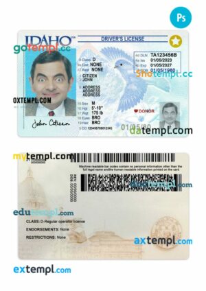 USA Idaho driving license PSD editable template, 2023-present