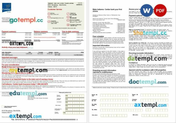 USA Indianna Centier bank mortgage statement in Word and PDF formats, 2 pages