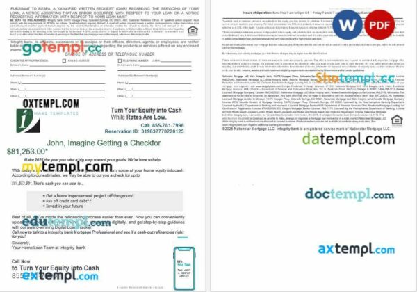 USA Integrity Bank mortgage loan statement in Word and PDF formats - Image 2