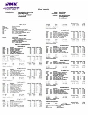 USA James Madison University official transcript Word and PDF template