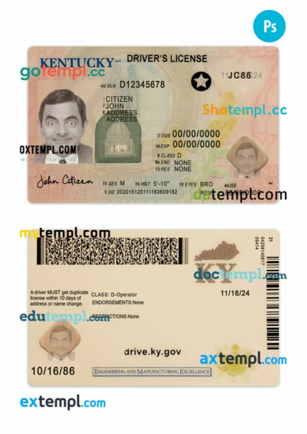 USA Kentucky driving license PSD editable template, 2020-present