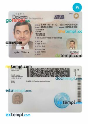 USA North Dakota driving license PSD editable template, 2023-present