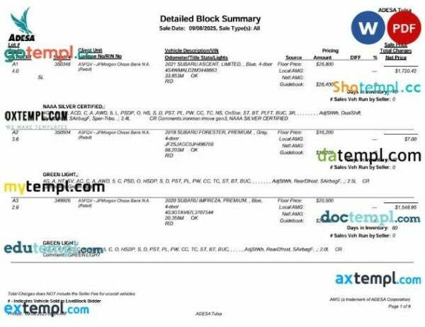 USA Oklahoma Adesa Auto Auction Bill of Sale template in PSD format, 9 pages