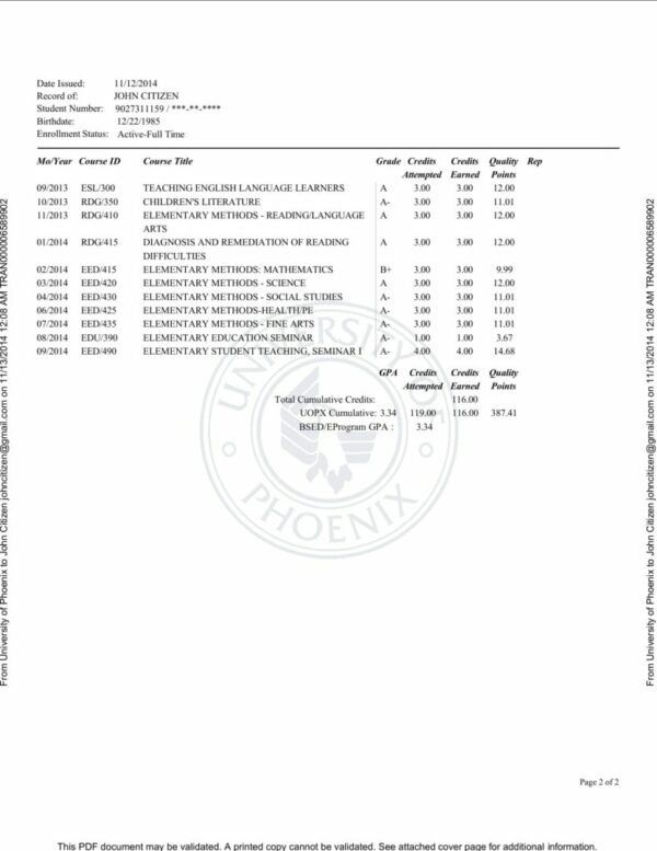 USA University of Phoenix official academic transcript Word and PDF template, 3 pages - Image 2