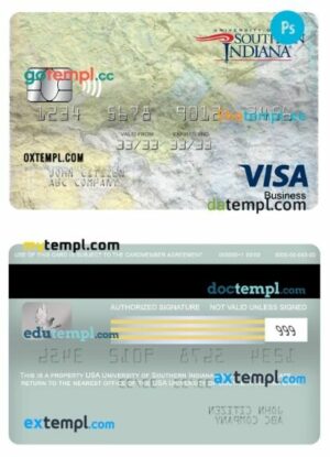 USA University of Southern Indiana bank visa business card template in PSD format