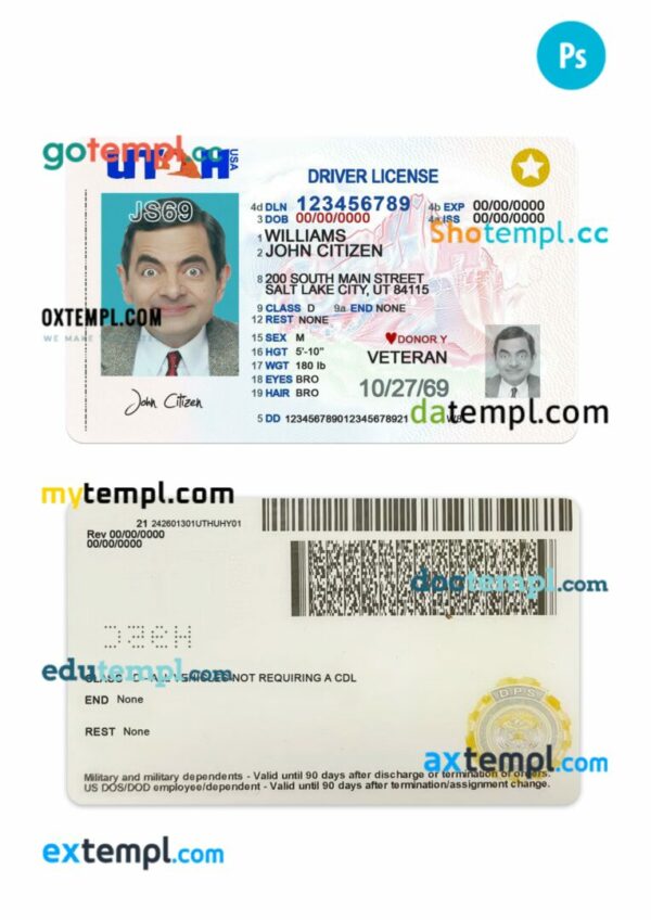 USA Utah driving license PSD editable template, 2021-present