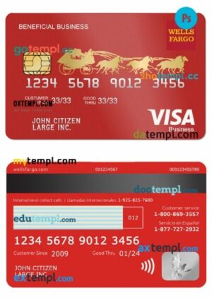 USA Wells Fargo Bank beneficial business visa card template in PSD format