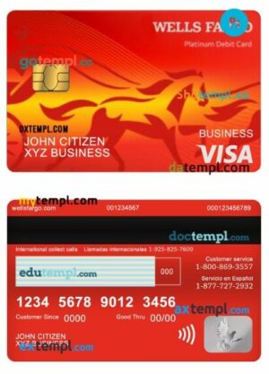 USA Wells Fargo bank visa platinum business debit card template in PSD format