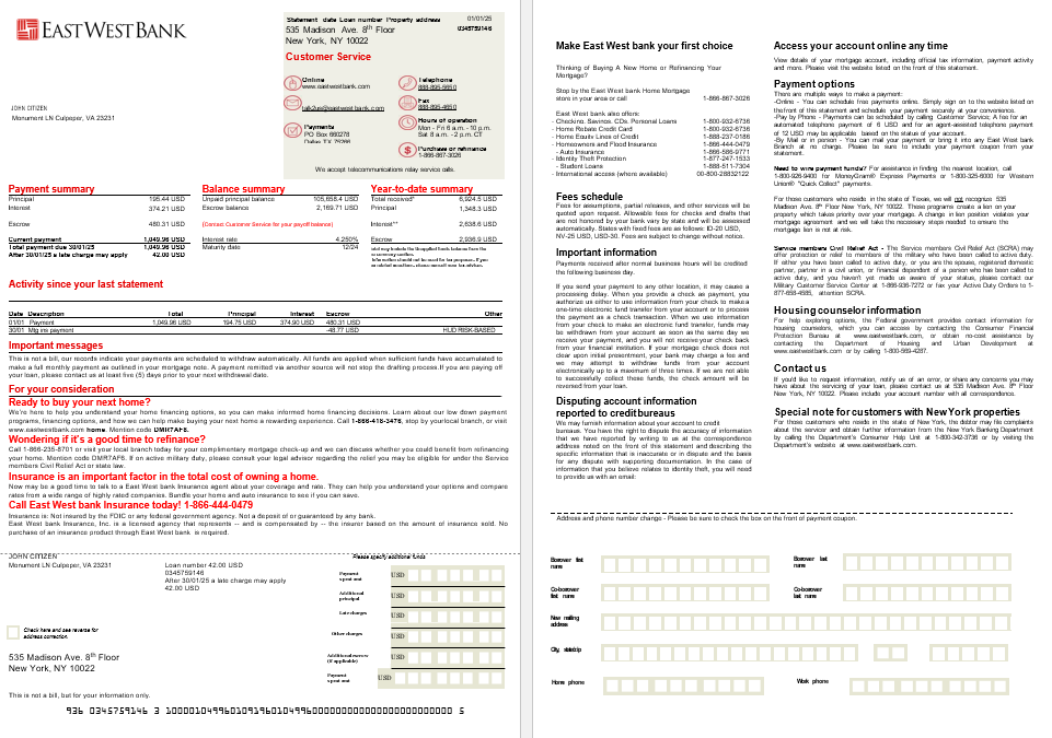 USA East West Bank mortgage statement in Word and PDF formats, 2 pages