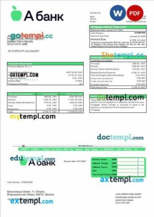 Ukraine A-Bank mortgage statement in Word and PDF formats