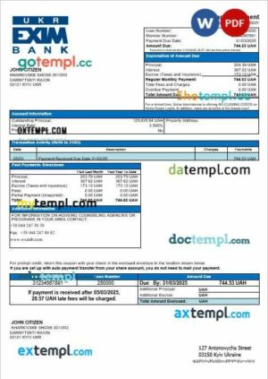 Ukraine Ukreximbank bank mortgage statement in Word and PDF formats
