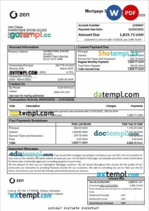 Ukraine ZEN mortgage statement in Word and PDF formats